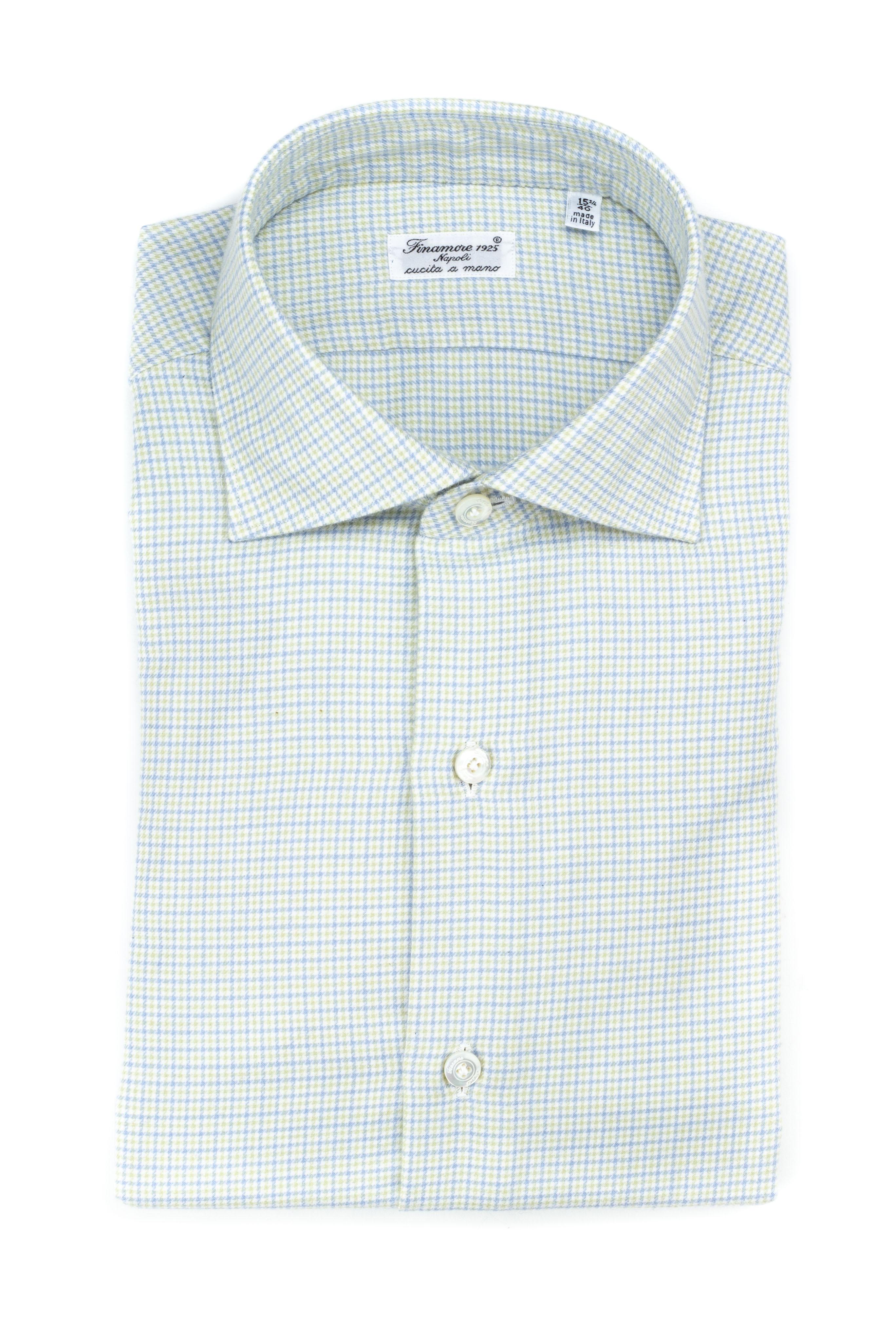 Finamore Micro pattern cotton-cashmere tailored shirt, camicie,  Green/azure, size 39
